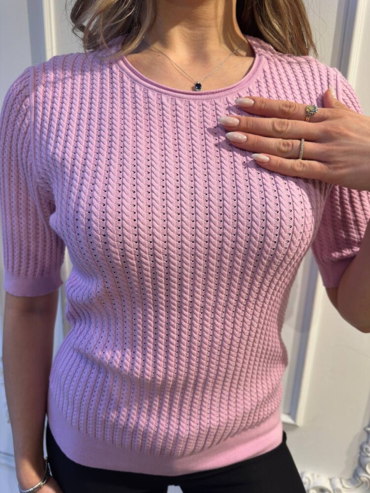 كنزة صوفية محبوكة - كم قصير - وردي - 32062 | كازي (طقم من 3 قطع M-L-XL) - 4