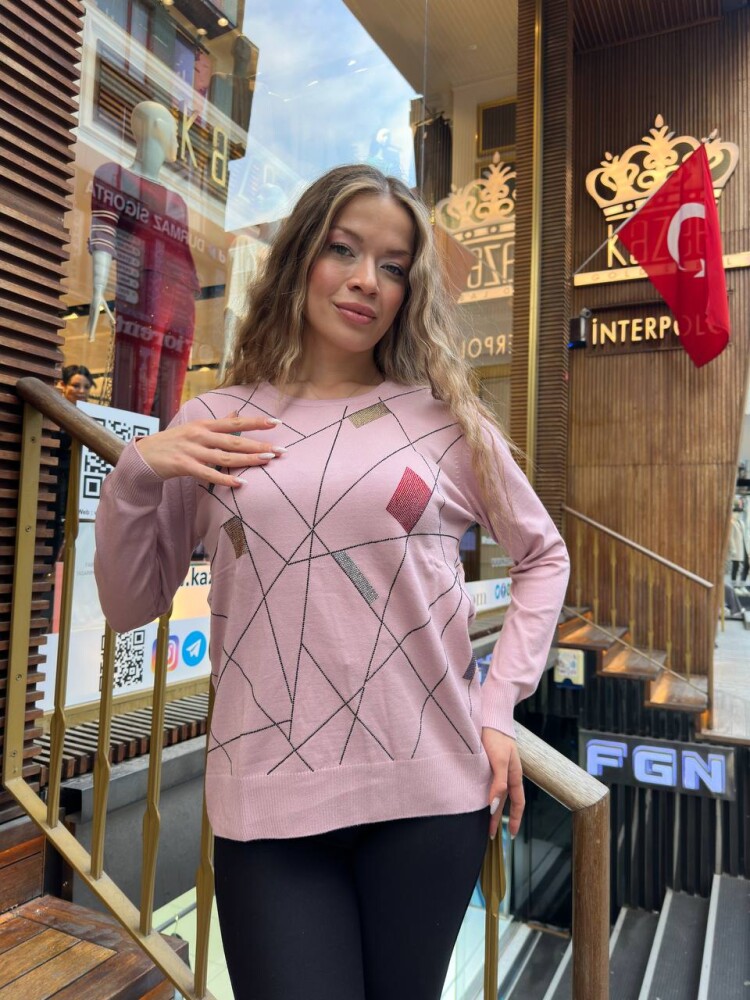 كنزة صوفية محبوكة برقبة دائرية، لون وردي فاتح - 31874 | كازي (طقم من 3 قطع مقاس XL-2XL-3XL) - 1