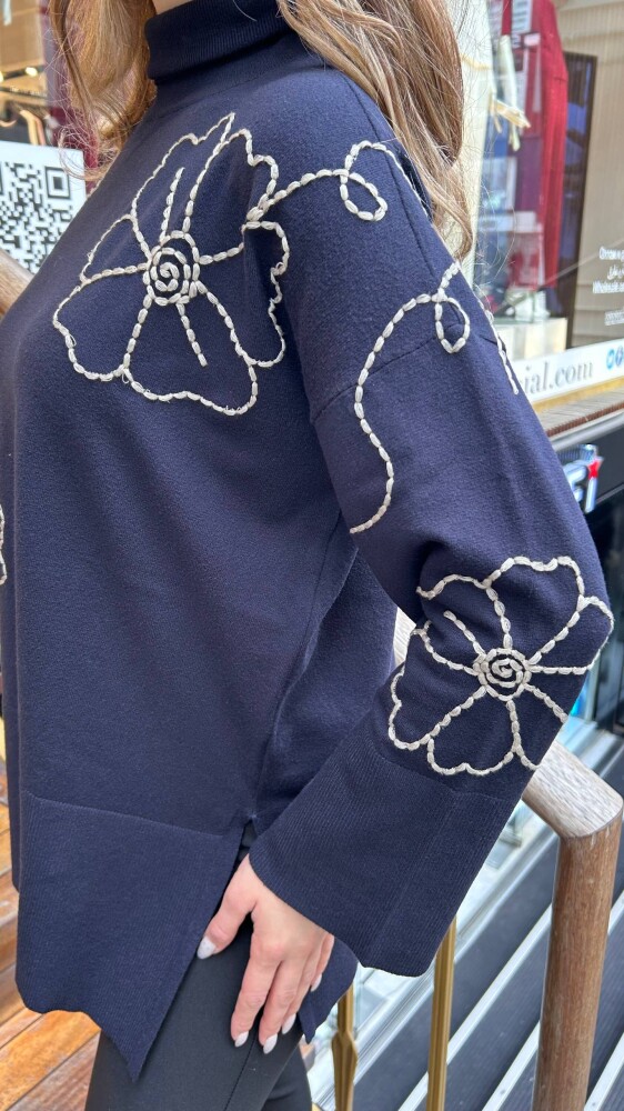 كنزة صوفية محبوكة - بياقة عالية - كحلي - 32251 | كازي (طقم من 3 قطع M-L-XL) - 3