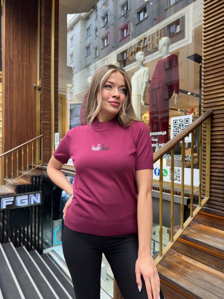 كنزة صوفية محبوكة - بنقشة البجعة - عنابي - 32160 | كازي (طقم من 3 قطع S-M-L) - 2