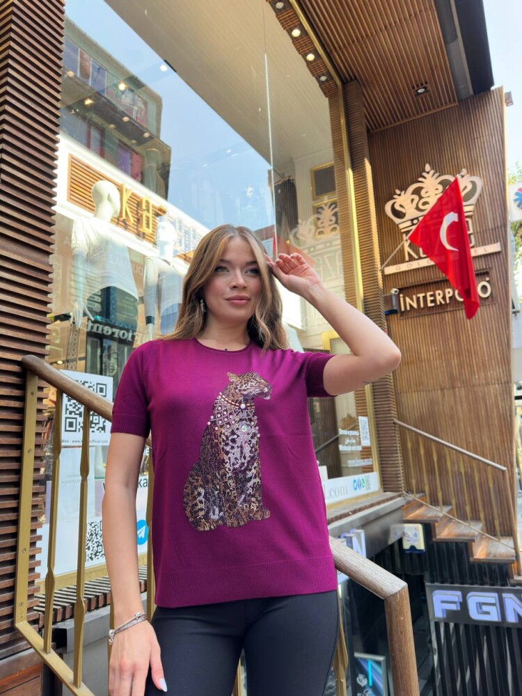 كنزة صوفية محبوكة - بنقشة النمر - لون فوشيا - 32208 | كازي (طقم من 3 قطع بمقاسات L-XL-2XL) - 2