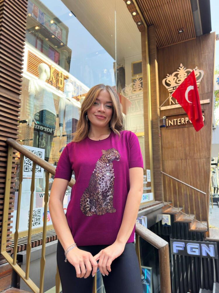 كنزة صوفية محبوكة - بنقشة النمر - لون فوشيا - 32208 | كازي (طقم من 3 قطع بمقاسات L-XL-2XL) - 3