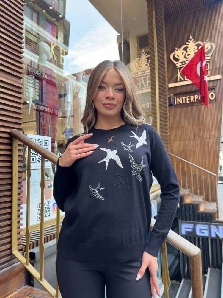 كنزة صوفية محبوكة - بنقشة طيور - أسود - 31064 | كازي (طقم من 3 قطع M-L-XL) - 1