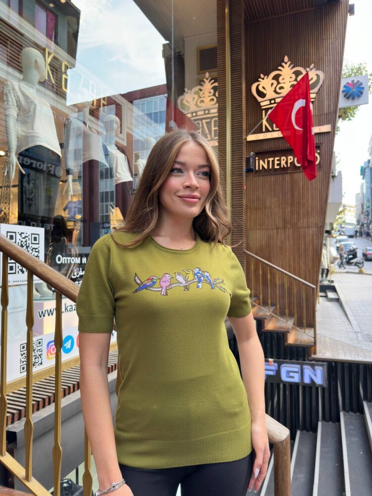 كنزة صوفية محبوكة - بنقشة طيور - أخضر - 31831 | كازي (طقم من 3 قطع S-M-L) - 3