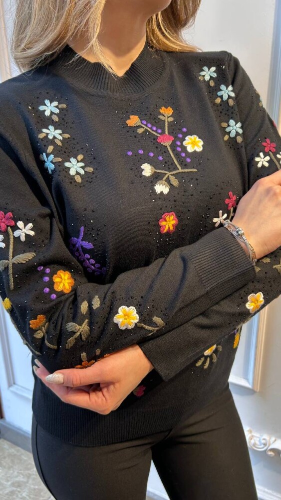 كنزة محبوكة - بنقشة زهور - أسود - 32168 | كازي (طقم من 3 قطع L-XL-2XL) - 3