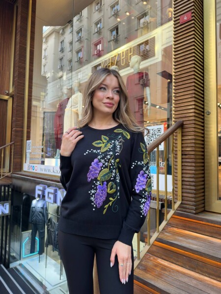 كنزة صوفية محبوكة - رقبة دائرية - أسود - 32253 | كازي (طقم من 3 قطع L-XL-2XL) - 2