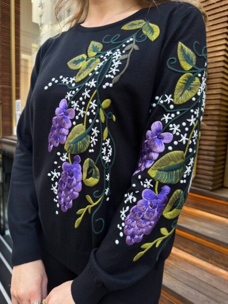 كنزة صوفية محبوكة - رقبة دائرية - أسود - 32253 | كازي (طقم من 3 قطع L-XL-2XL) - 4