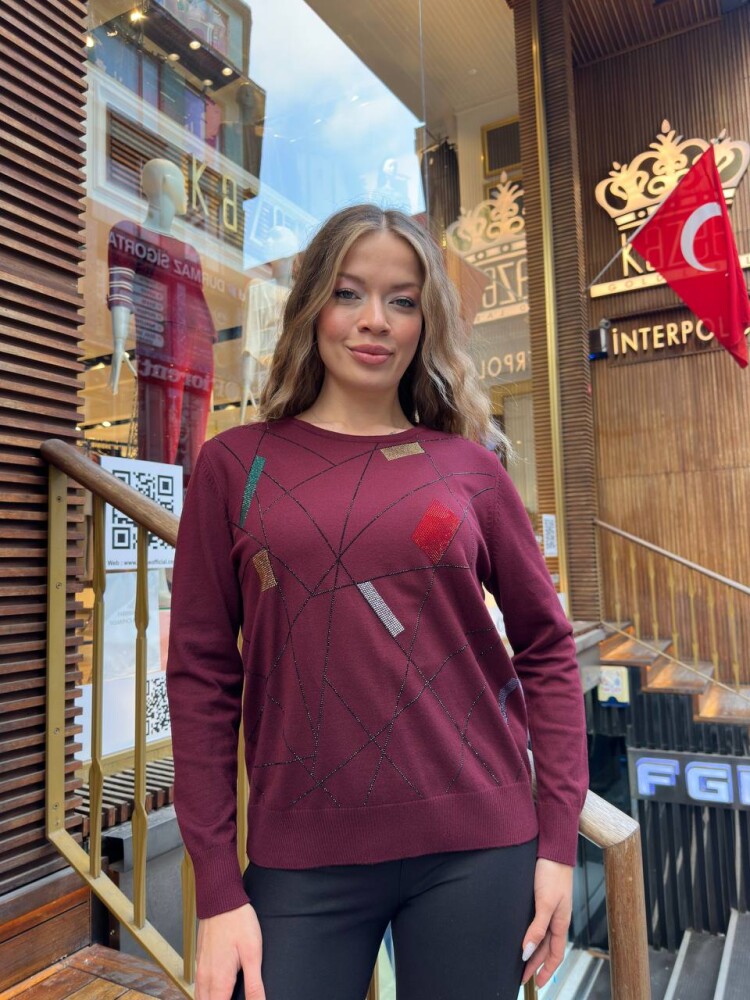 كنزة صوفية محبوكة - رقبة دائرية - بنفسجي - 31874 | كازي (طقم من 3 قطع مقاس XL-2XL-3XL) - 2