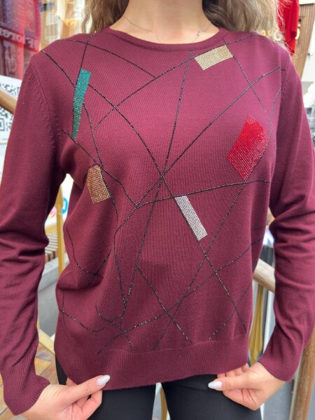 كنزة صوفية محبوكة - رقبة دائرية - بنفسجي - 31874 | كازي (طقم من 3 قطع مقاس XL-2XL-3XL) - 5