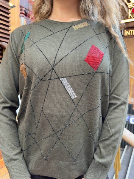 كنزة صوفية محبوكة - رقبة دائرية - كاكي - 31874 | كازي (طقم من 3 قطع مقاس XL-2XL-3XL) - 4