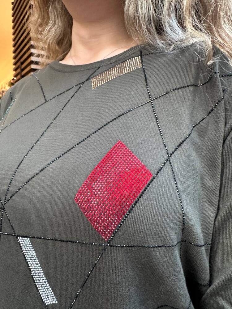 كنزة صوفية محبوكة - رقبة دائرية - كاكي - 31874 | كازي (طقم من 3 قطع مقاس XL-2XL-3XL) - 5