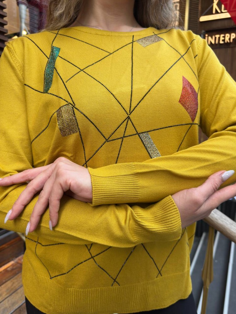 كنزة صوفية صفراء برقبة دائرية - 31874 | كازي (طقم من 3 قطع مقاس XL-2XL-3XL) - 5