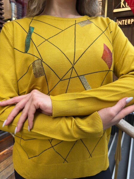 كنزة صوفية صفراء برقبة دائرية - 31874 | كازي (طقم من 3 قطع مقاس XL-2XL-3XL) - 5