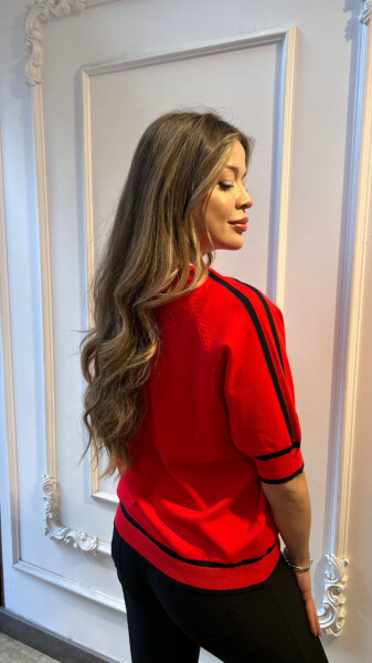 كنزة صوفية محبوكة - بتفاصيل مخططة - أحمر - 32437 | كازي (طقم من 3 قطع L-XL-2XL) - 4