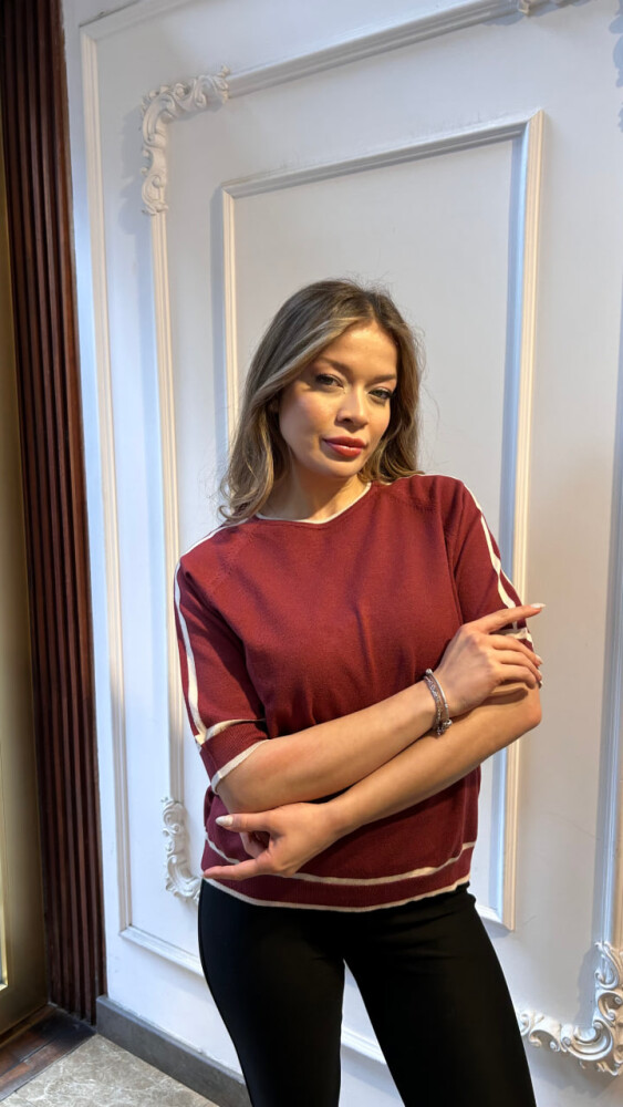 كنزة محبوكة - بتفاصيل مخططة - عنابي - 32437 | كازي (طقم من 3 قطع L-XL-2XL) - 1