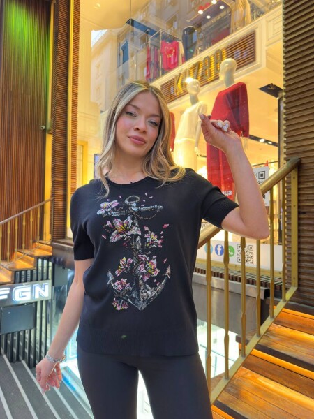 كنزة محبوكة بتطريز منقوش، أسود - 31678 | كازي (طقم من 3 قطع M-L-XL) - 3