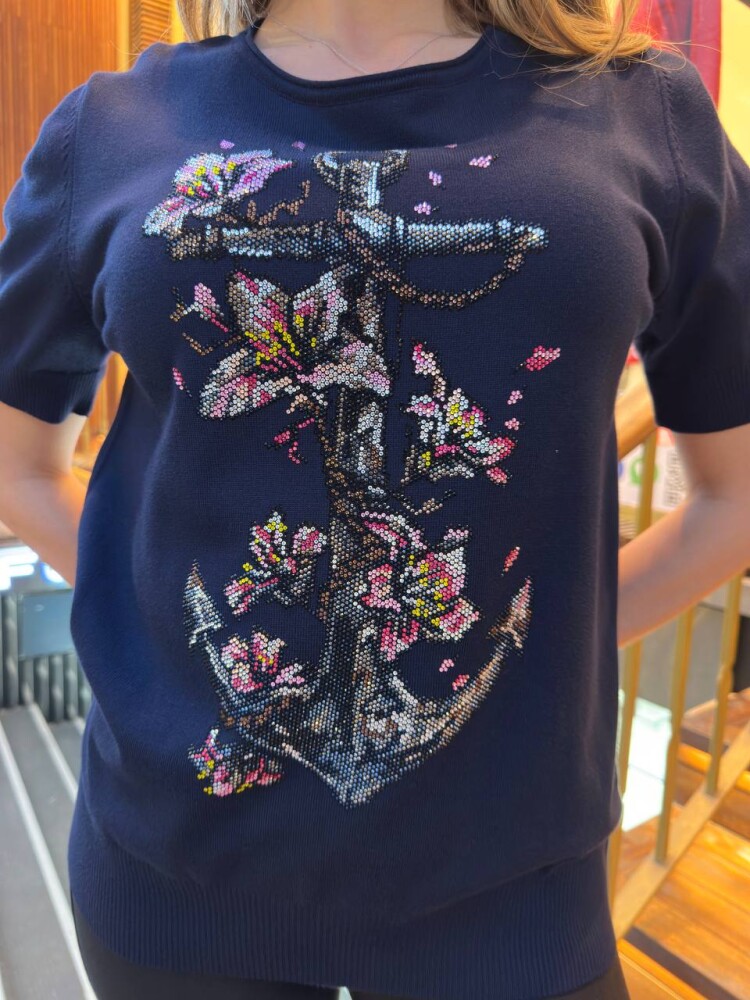 كنزة محبوكة - منقوشة - مطرزة - كحلي - 31678 | كازي (طقم من 3 قطع M-L-XL) - 4