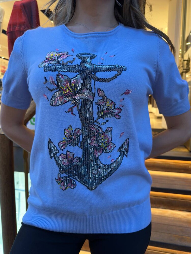 كنزة محبوكة - منقوشة - مطرزة - زرقاء - 31678 | كازي (طقم من 3 قطع M-L-XL) - 5