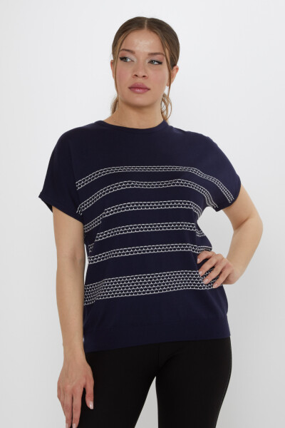 كنزة محبوكة - مطرزة - أزرق داكن - بيج - 31707 | كازي (طقم من 3 قطع M-L-XL) 