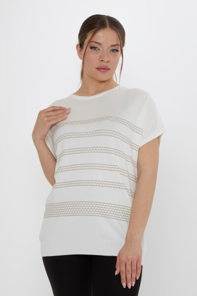 كنزة محبوكة - مطرزة - بيج فاتح - 31707 | كازي (طقم من 3 قطع M-L-XL) - 1