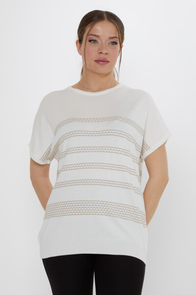 كنزة محبوكة - مطرزة - بيج فاتح - 31707 | كازي (طقم من 3 قطع M-L-XL) - 2