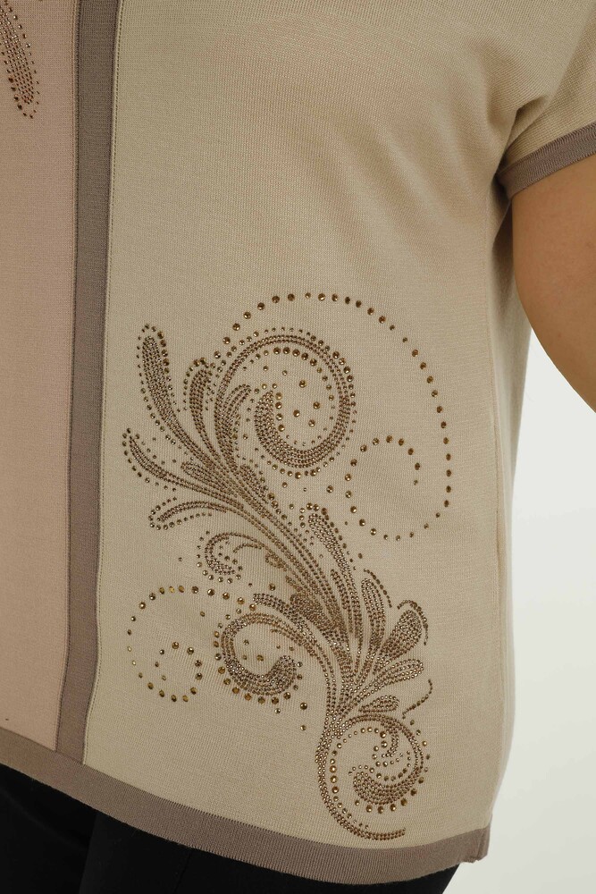 Kazee Vente en gros de tricots détaillés à col rond pour femmes - Beige | 31049 - 5