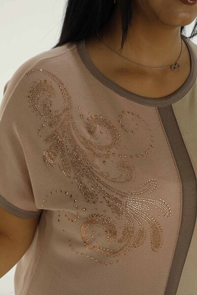 Kazee Vente en gros de tricots détaillés à col rond pour femmes - Beige | 31049 - 4