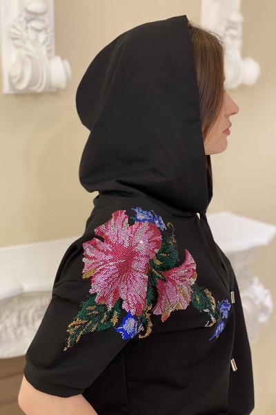 Toptan Kadın Çiçek Desenli Kapşonlu Eşofman Takımı - 17169 | Kazee - Thumbnail