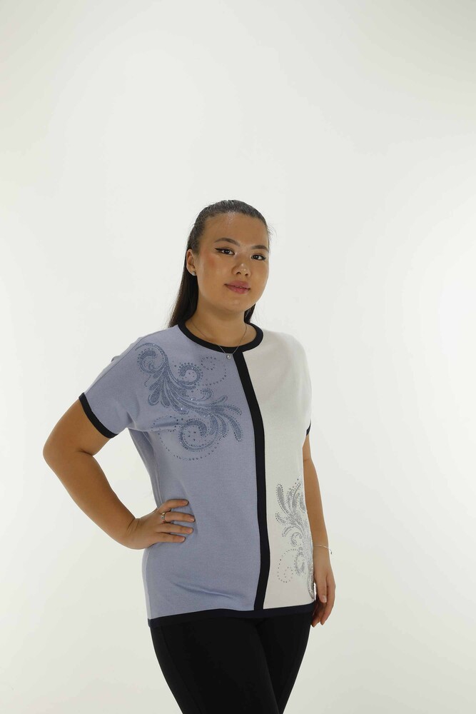 Kazee Kadın Toptan Bisiklet Yaka Taş Detaylı Triko - Mavi | 31049 - 2