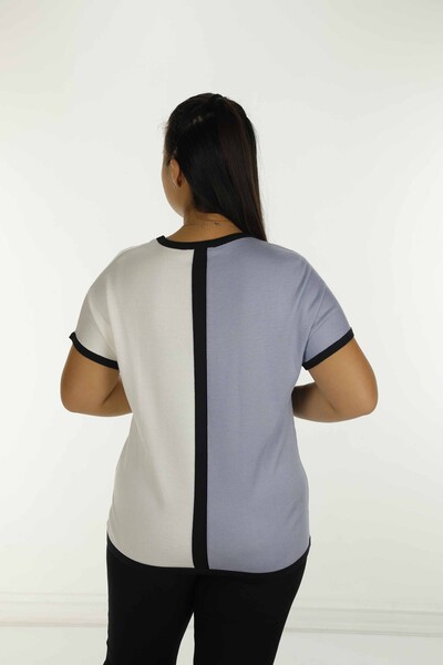 Kazee Kadın Toptan Bisiklet Yaka Taş Detaylı Triko - Mavi | 31049 - 5