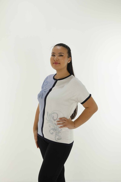 Kazee Kadın Toptan Bisiklet Yaka Taş Detaylı Triko - Mavi | 31049 - Kazee