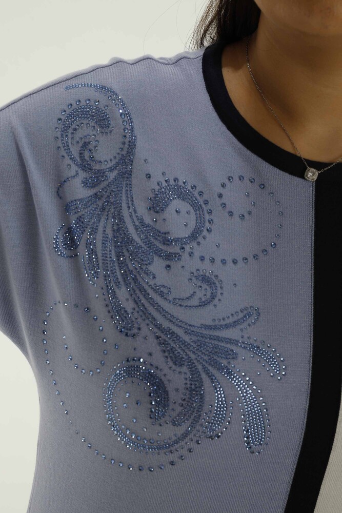 Kazee Kadın Toptan Bisiklet Yaka Taş Detaylı Triko - Mavi | 31049 - 4