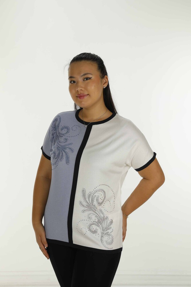 Kazee Kadın Toptan Bisiklet Yaka Taş Detaylı Triko - Mavi | 31049 - 3