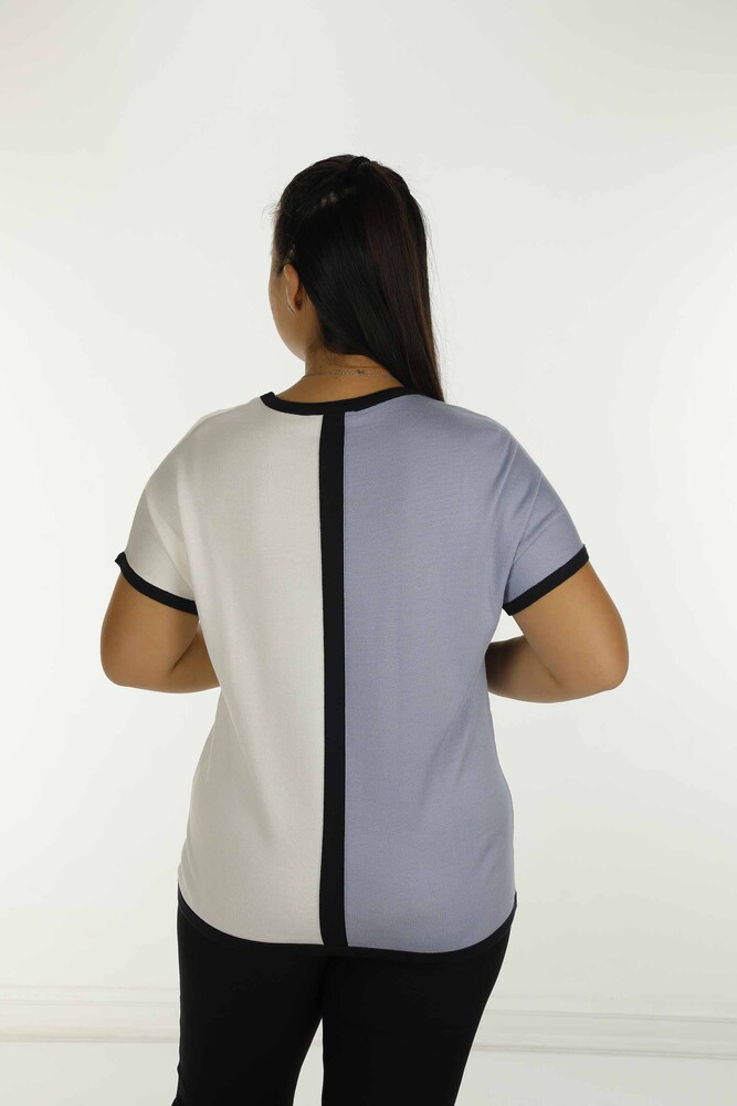 Kazee Kadın Toptan Bisiklet Yaka Taş Detaylı Triko - Mavi | 31049 - 5