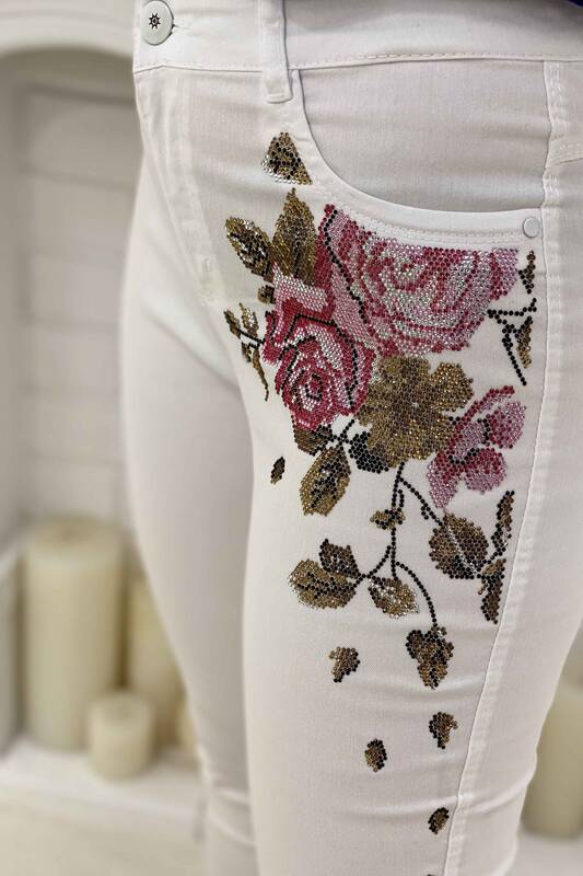 Crystal Stone Embroidered Pants With Zipper With Pockets