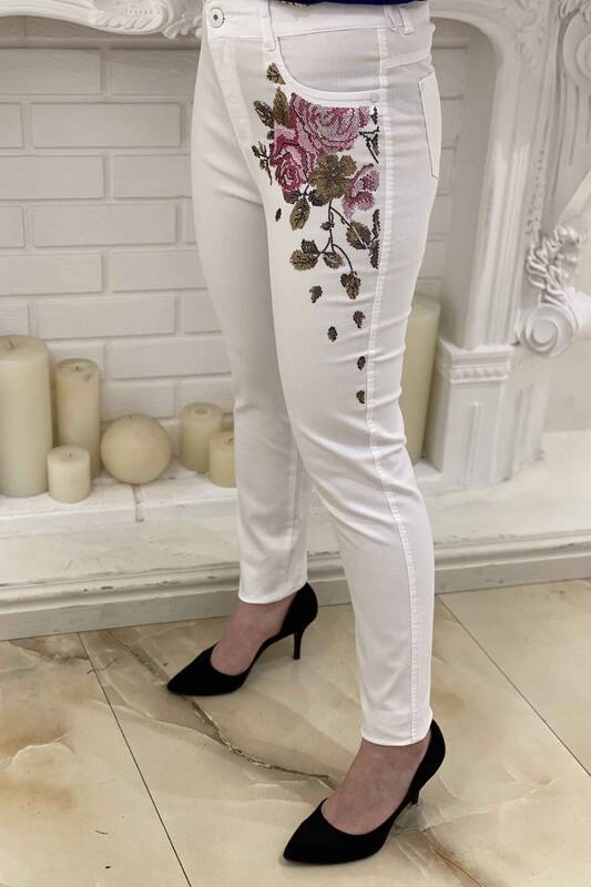 Crystal Stone Embroidered Pants With Zipper With Pockets
