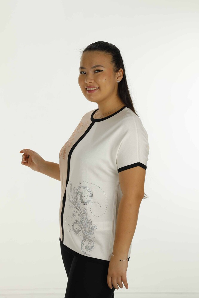 Kazee Damen-Strickwaren mit Rundhalsausschnitt und Steindetails im Großhandel – Puder| 31049 - 3