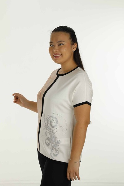 Kazee Damen-Strickwaren mit Rundhalsausschnitt und Steindetails im Großhandel – Puder| 31049 - 3