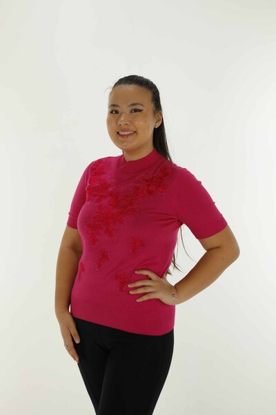 ملابس التريكو النسائية ذات الياقة العالية والمطرزة بتفاصيل حجر من Kazee - فوشيا | 30932 - Kazee