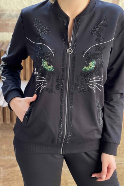 Toptan Kadın Eşofman Takımı Taş İşlemeli Kedi Detaylı - 17235 | KAZEE - Thumbnail