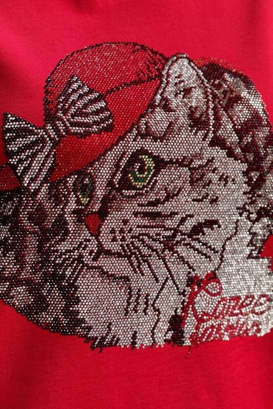 Toptan Kadın Eşofman Takımı Kedi Desenli Taş İşlemeli - 17327 | KAZEE