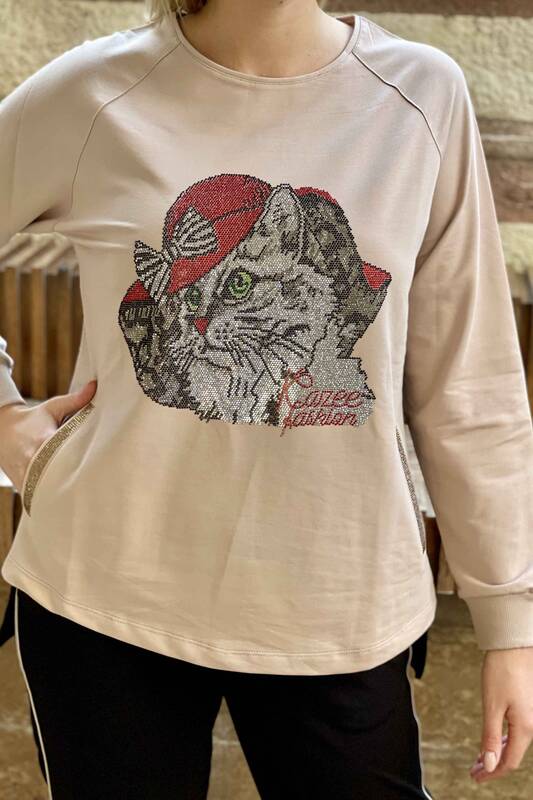 Toptan Kadın Eşofman Takımı Kedi Desenli Taş İşlemeli - 17327 | KAZEE