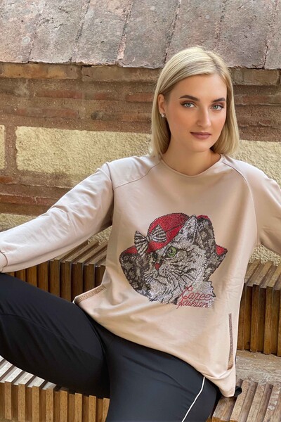 Toptan Kadın Eşofman Takımı Kedi Desenli Taş İşlemeli - 17327 | KAZEE - Thumbnail