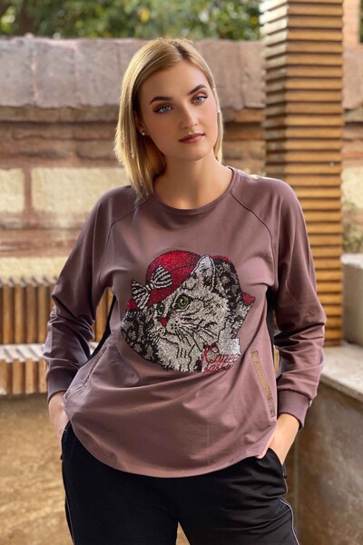 Toptan Kadın Eşofman Takımı Kedi Desenli Taş İşlemeli - 17327 | KAZEE - Thumbnail