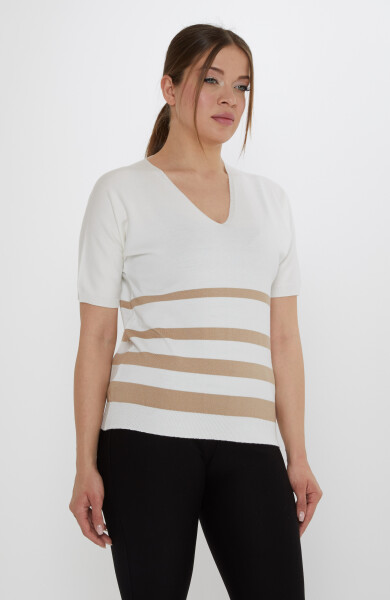 Knitted Sweater - Striped Detail - Ecru-Beige - 31176 | KAZEE (3-Piece Set M-L-XL) - Kazee (1)