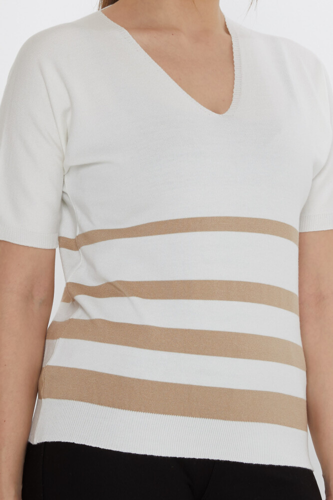 Knitted Sweater - Striped Detail - Ecru-Beige - 31176 | KAZEE (3-Piece Set M-L-XL) - 4