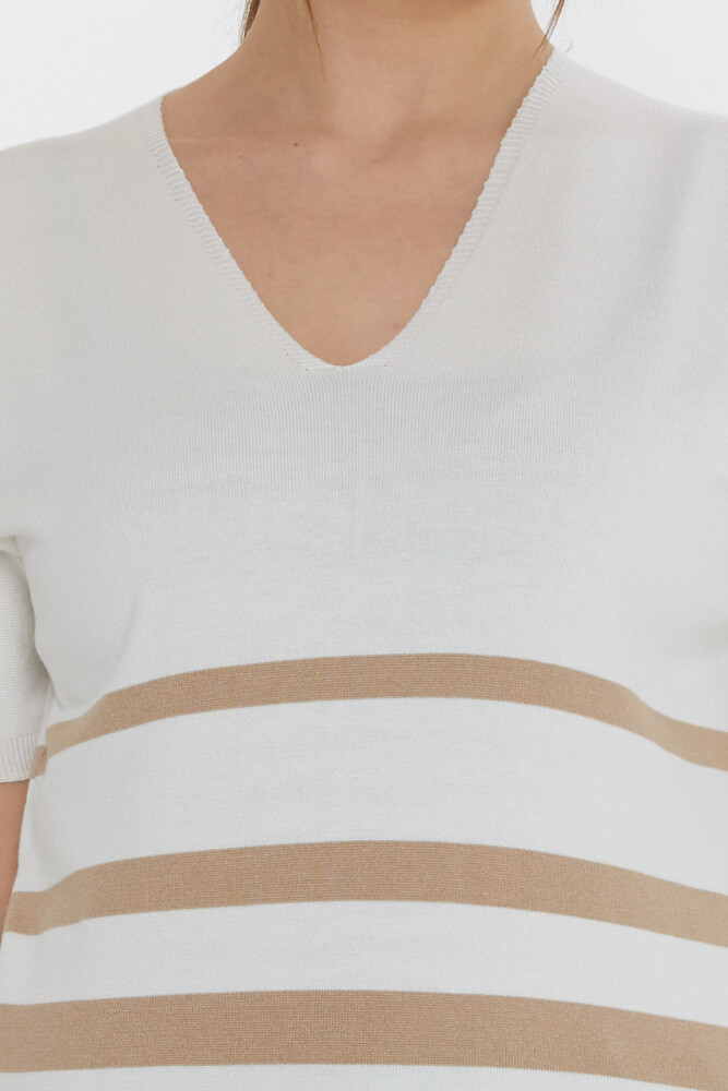 Knitted Sweater - Striped Detail - Ecru-Beige - 31176 | KAZEE (3-Piece Set M-L-XL) - 5