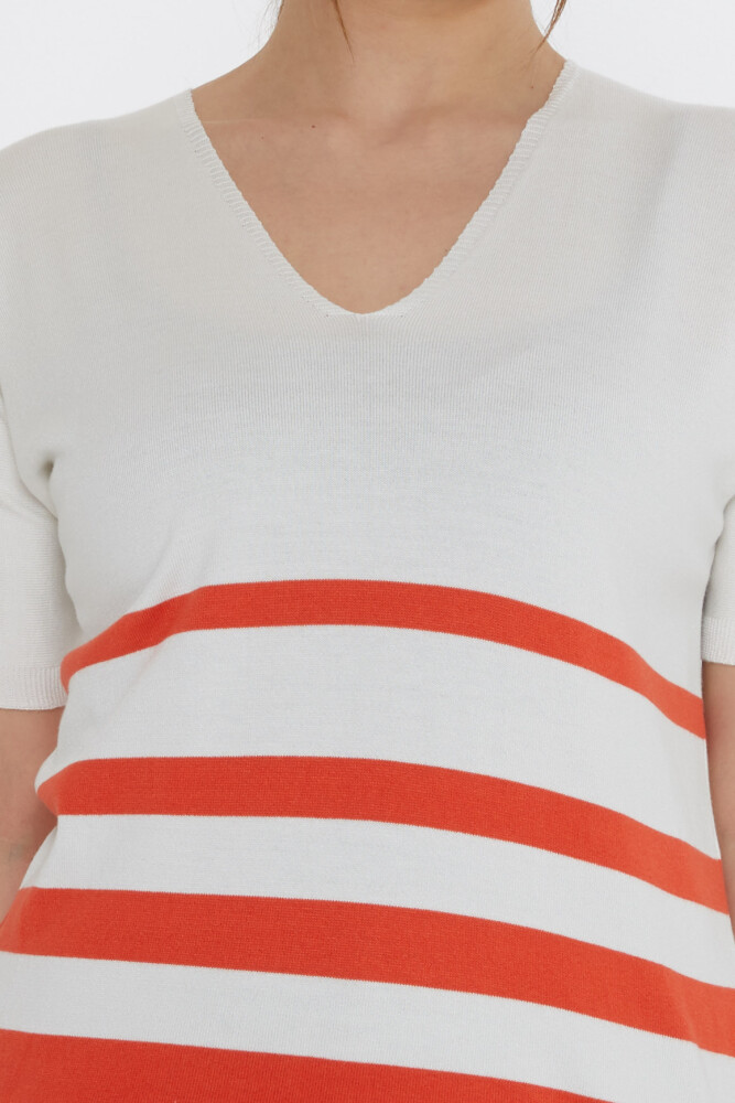 Knitted Sweater - Striped Detail - Ecru-Orange - 31176 | KAZEE (3-Piece Set M-L-XL) - 5