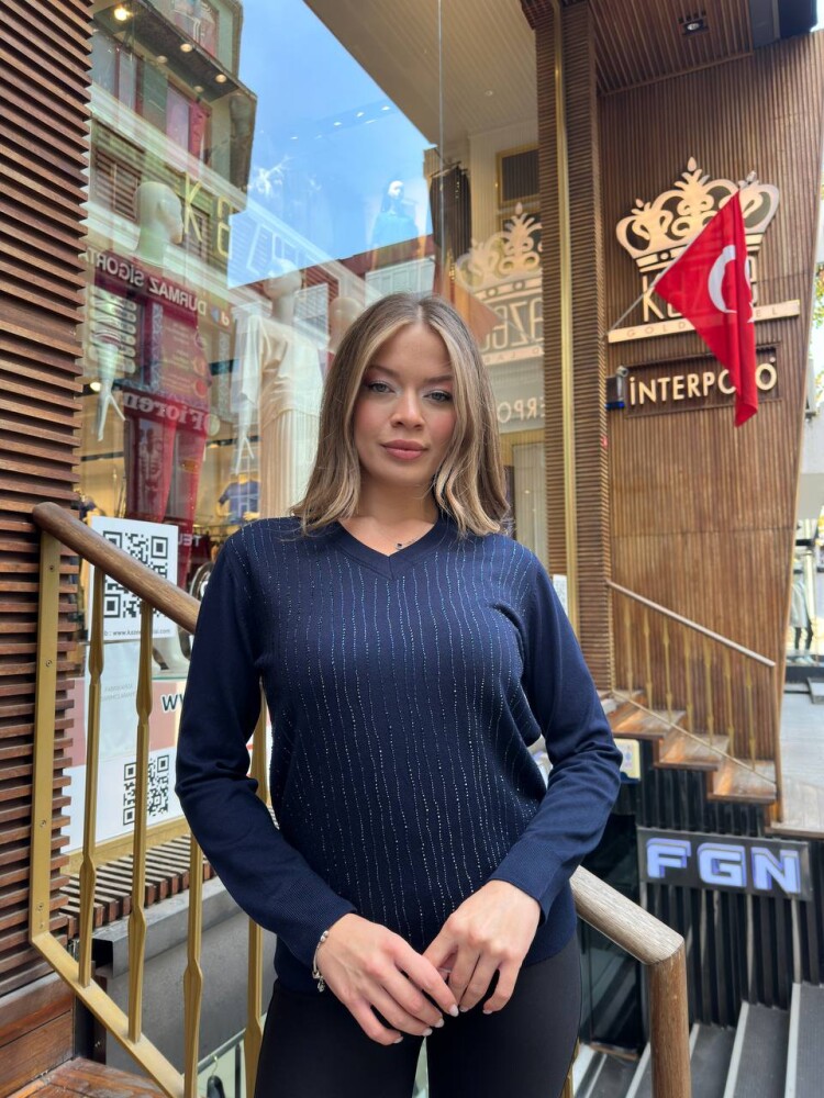 Knitted Sweater Striped Stone Embellished Navy Blue - 31500 | KAZEE (3-Piece Set L-XL-2XL) - 2