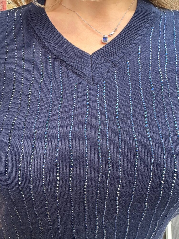 Knitted Sweater Striped Stone Embellished Navy Blue - 31500 | KAZEE (3-Piece Set L-XL-2XL) - 4